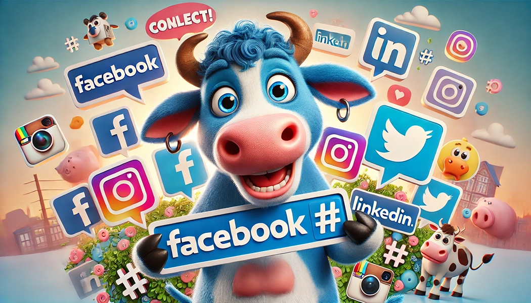 b;ue cow displaying social media sings