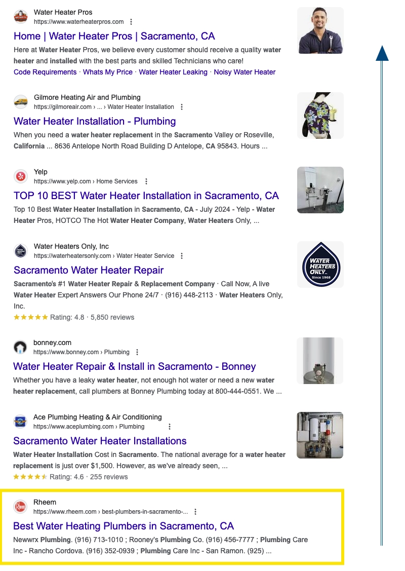 google search results for water heater installation