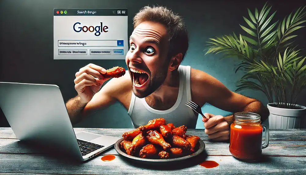 guy eating chicken wings in front of laptop